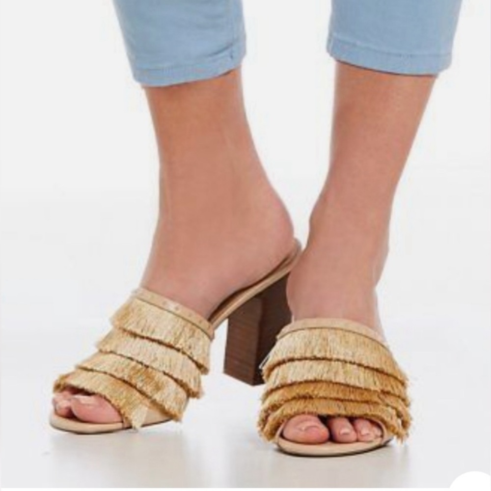MICHAEL Michael Kors Gold Fringe Block Heel Mules